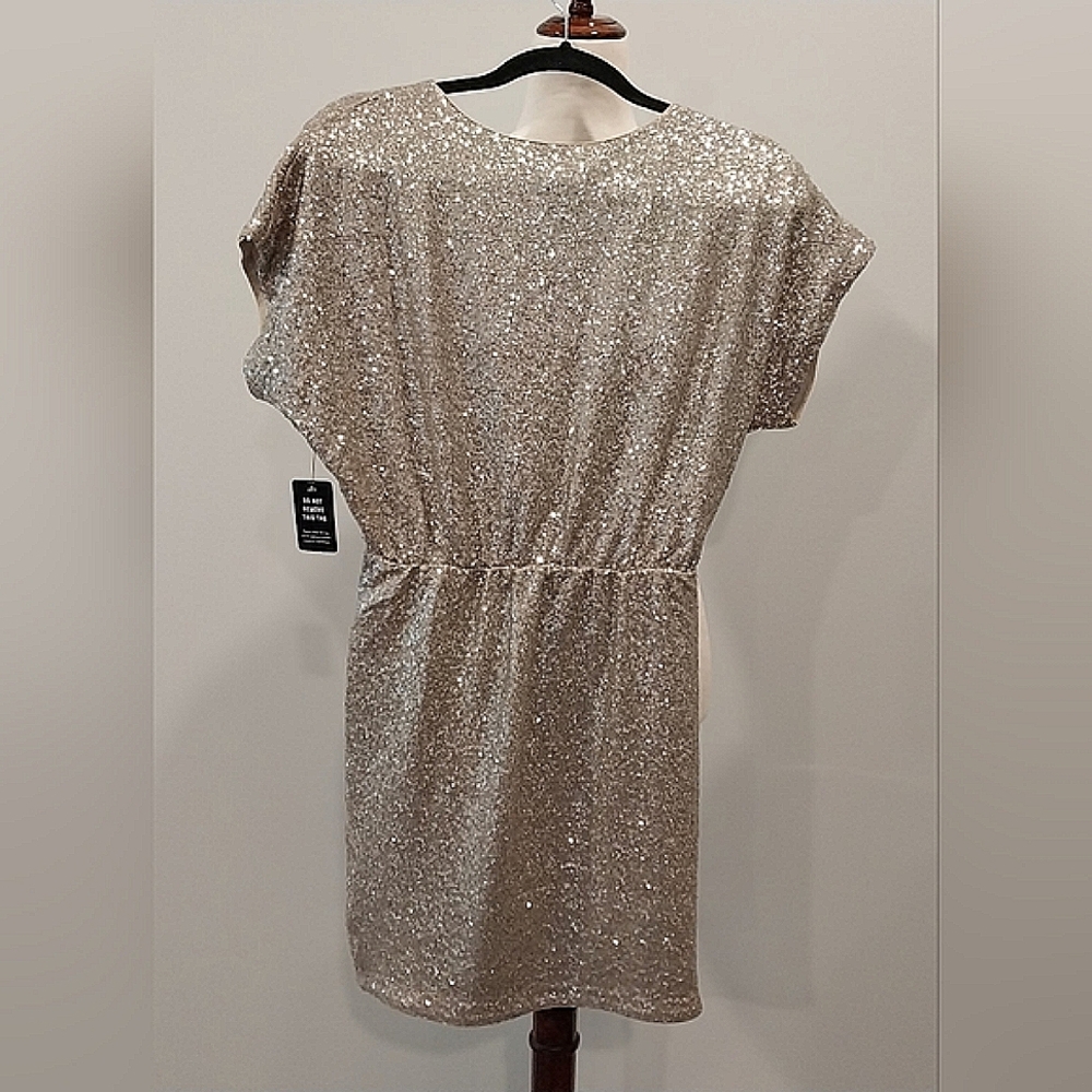 NWT Express Champagne Short Sleeve Sequined Ruched Mini Dress Size Small - Picture 7 of 16